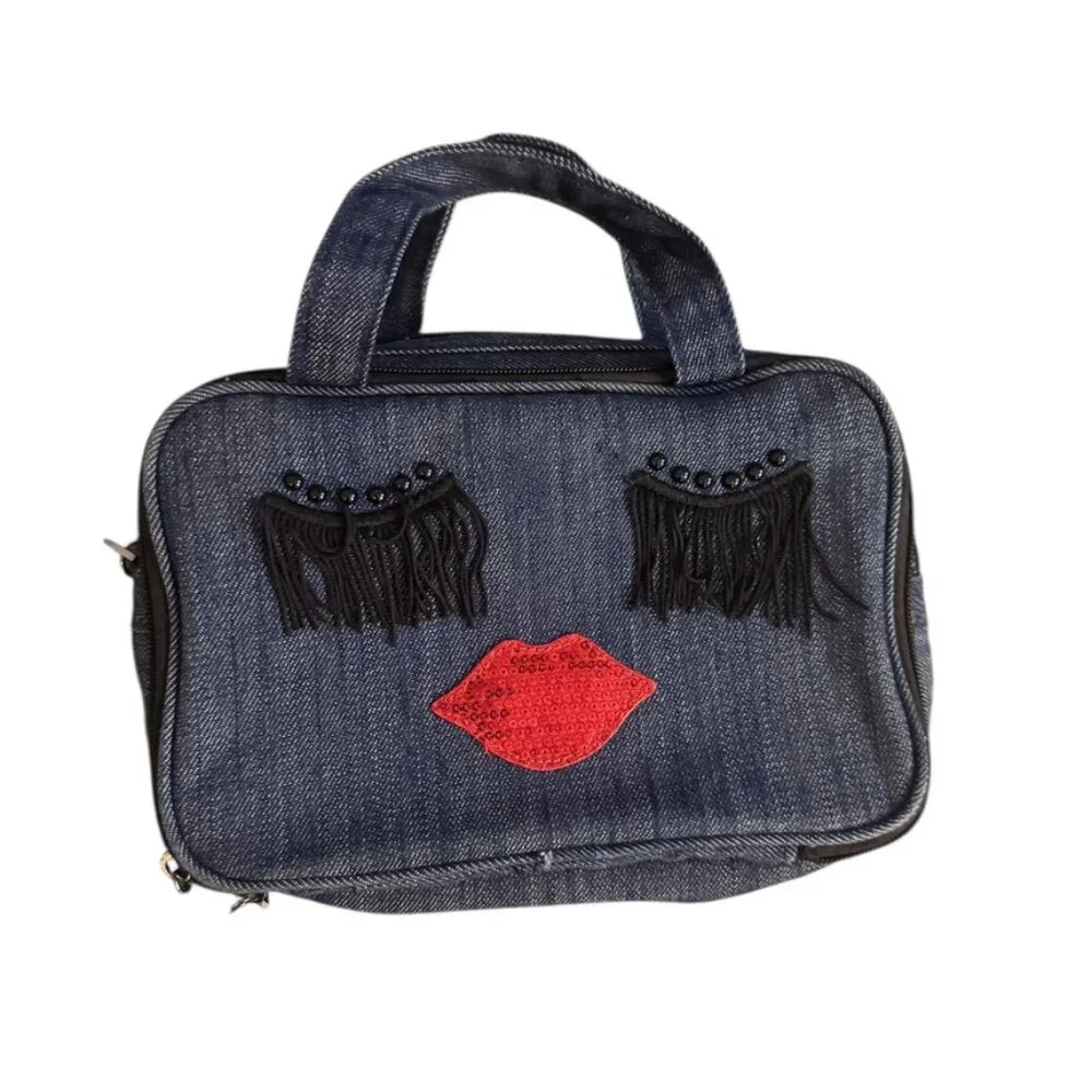 BETSY JOHNSON blue denim jean makeup toiletries bag case eyelashes lips EUC
